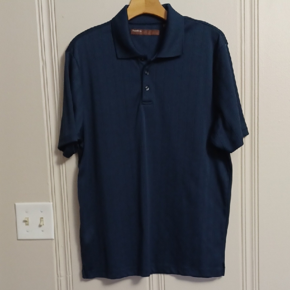 Perry Ellis Dark Blue On Blue Striped Polo/Golf Shirt  EUC Men's Medium